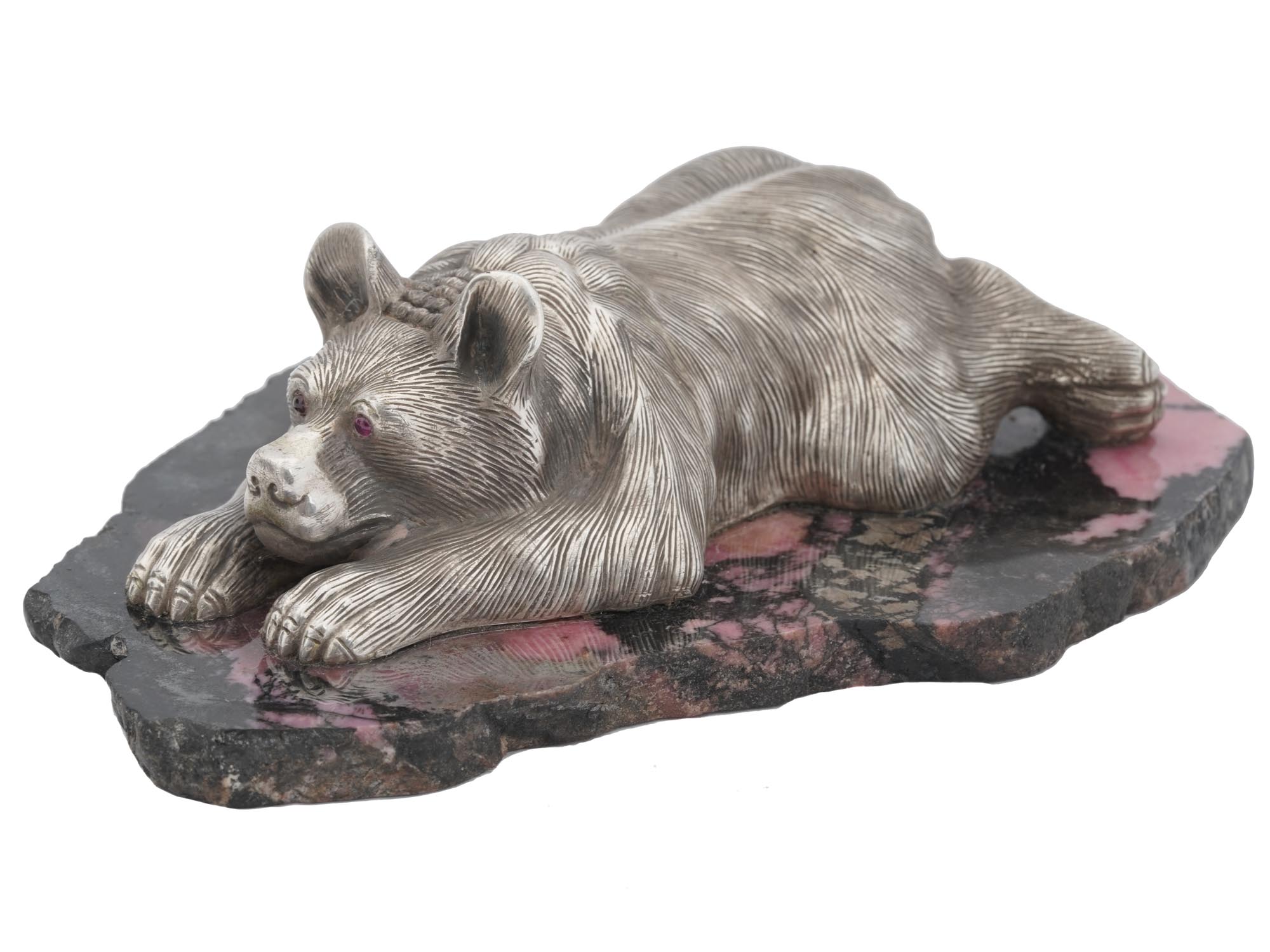 88 RUSSIAN SILVER BEAR ON RHODONITE BASE FIGURINE PIC-0